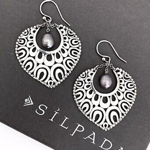 SILPADA 925 Sterling Silver Freshwater Gray Pearl Filigree Cut Out Earrings W1813