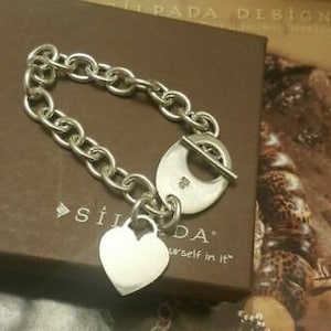 Silpada 925 Sterling Silver Heart Tag Charm and Link Chain Toggle Bracelet B0779