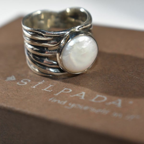 Silpada 925 Sterling Silver Mermaid White Coin Pearl Woven Ring Size 7 R1542