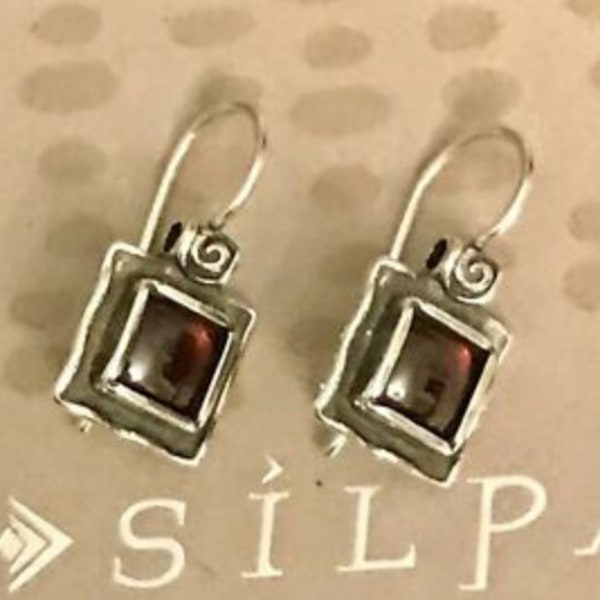 Silpada 925 Sterling Silver Square GARNET Earrings Oxidized Locking Hooks W1052