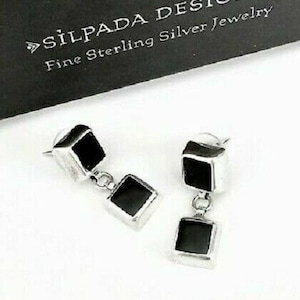 Silpada 925 Sterling Silver Square Bezell Set Black Onyx Dangle Drop Earring P0187