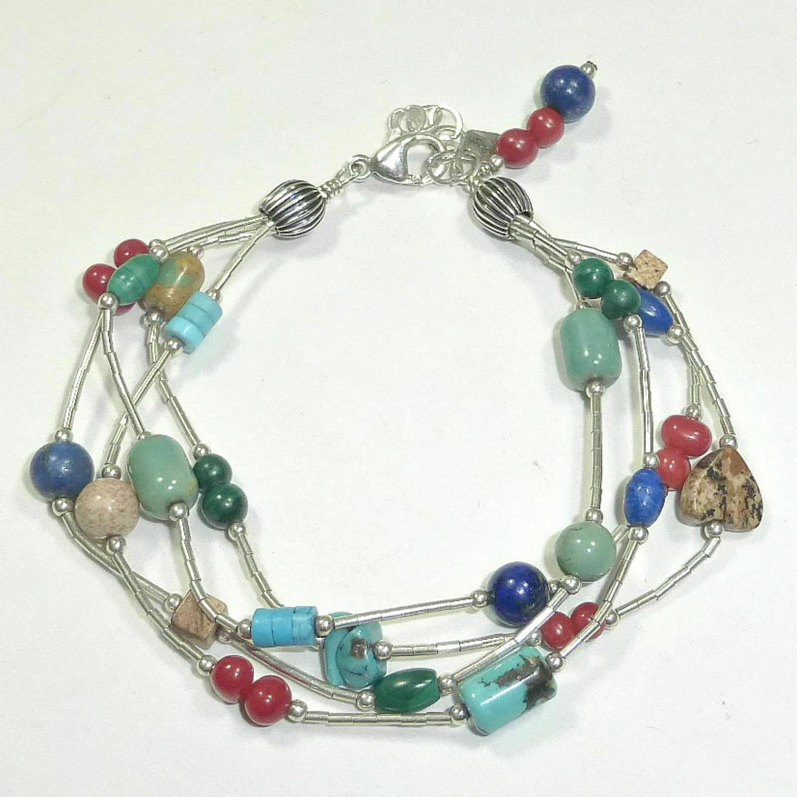 SILPADA  925 Sterling Silver Lapis Turquoise Jasper Coral Seed Bead Bracelet B0788 RARE HTF