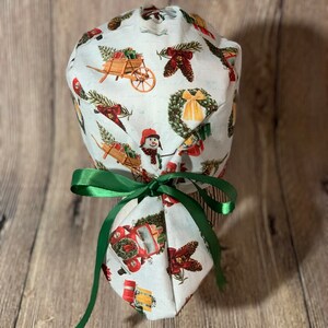 Adjustable Ponytail women’s scrub cap holiday- tie back- surgical hat- hair cover- nursing- washable- ribbon-Christmas-winter- sled- truck