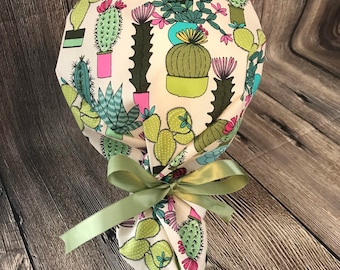 Adjustable Ponytail women’s scrub cap cactus - tie back- surgical hat- hair cover- nursing- washable- summer- ribbon- plant- western-desert-
