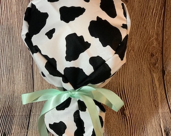 Adjustable Ponytail women’s scrub cap cow - tie back- surgical hat- hair cover- nursing- washable- summer- ribbon-farm-country-midwest- moo
