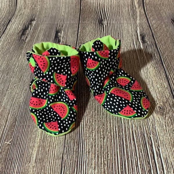 Watermelon stay on baby booties- newborn - 6 months- flannel- snap top- crib shoes- welcome home- gift- summer- fruit- polka dots- seed-