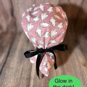 Glow in the dark ghost Ponytail women’s scrub cap - tie back- surgical hat- hair cover- nursing- fall- ribbon-harvest- scary-halloween- boo