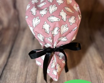 Glow in the dark ghost Ponytail women’s scrub cap - tie back- surgical hat- hair cover- nursing- fall- ribbon-harvest- scary-halloween- boo