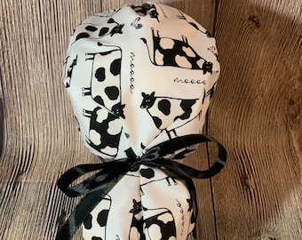Adjustable Ponytail women’s scrub cap cow - tie back- surgical hat- hair cover- nursing- washable- summer- ribbon-farm-country-midwest- moo