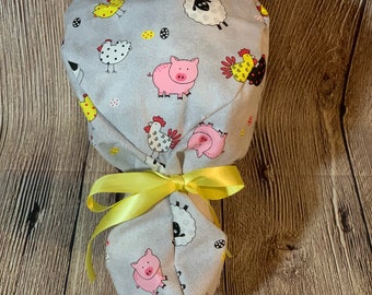 Adjustable Ponytail women’s scrub cap farm - tie back- surgical hat- hair cover- nursing- washable- summer- ribbon-cow-country-midwest- moo