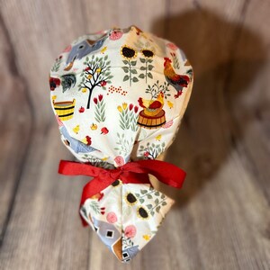 Chicken Adjustable Ponytail women’s scrub cap - tie back- surgical hat- hair cover- nursing- washable- summer- pig- cow-country-midwest-farm