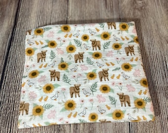 Farm baby swaddle blanket-receiving- newborn-gift- muslin- crib- security- lightweight-country- cow- pig- chicken- sunflower- highland-