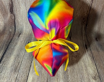 Rainbow tie dye adjustable Ponytail women’s scrub cap - tie back- surgical hat- hair cover- nursing- washable- ribbon-hippie- colorful- fun-