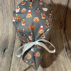 Adjustable Ponytail women’s scrub cap winter dog- tie back- surgical hat- hair cover- nursing- washable- ribbon-snow- Christmas-holiday- vet