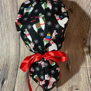 Adjustable Ponytail women’s scrub cap winter llama- tie back- surgical hat- hair cover- nursing- washable- ribbon-snow- Christmas-holiday