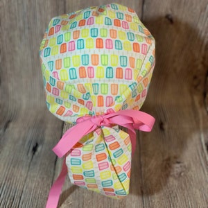 Adjustable popsicle Ponytail women’s scrub cap - tie back- surgical hat- hair cover- nursing- washable - ribbon-fun- summer-cute- ice cream