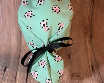 Adjustable Ponytail women’s scrub cap cow - tie back- surgical hat- hair cover- nursing- washable- summer- ribbon-farm-country-midwest- moo