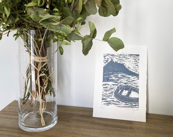 Small lino print art, Original lino print, landscape art, Ocean art, Ocean home decor,  Modern wall decor