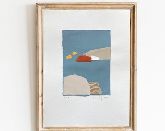 Blue Landscape Collage Art: Modern Abstract Artwork (8x11)