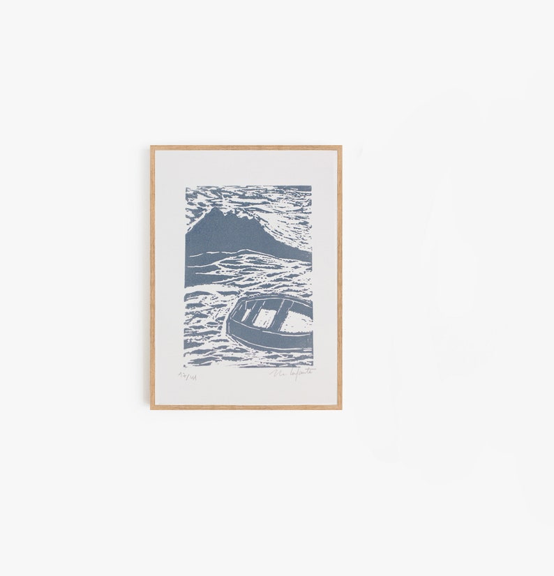 Small lino print art, Original lino print, landscape art, Ocean art, Ocean home decor, Modern wall decor image 3