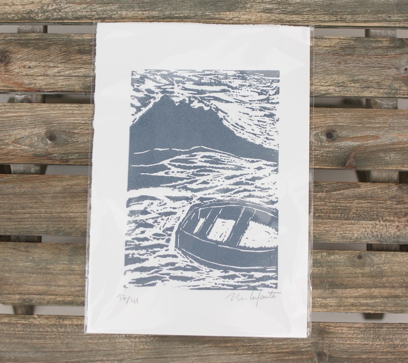 Small lino print art, Original lino print, landscape art, Ocean art, Ocean home decor, Modern wall decor image 2