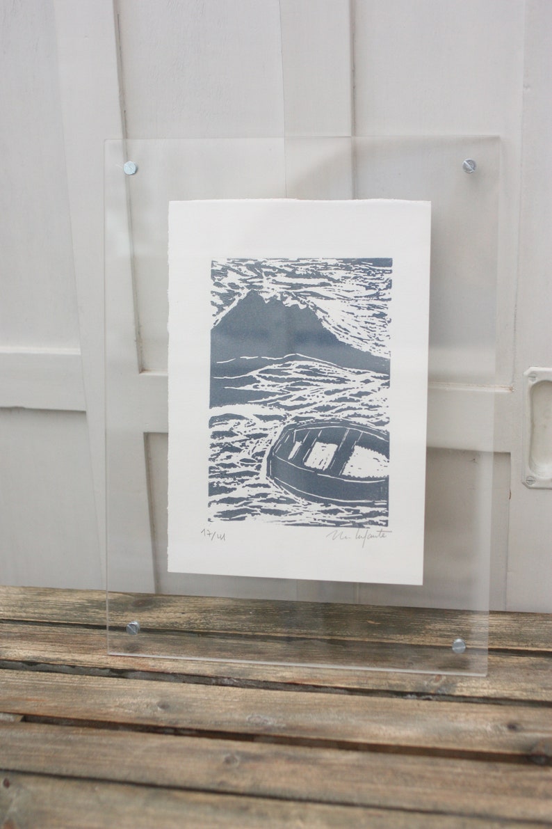 Small lino print art, Original lino print, landscape art, Ocean art, Ocean home decor, Modern wall decor image 4