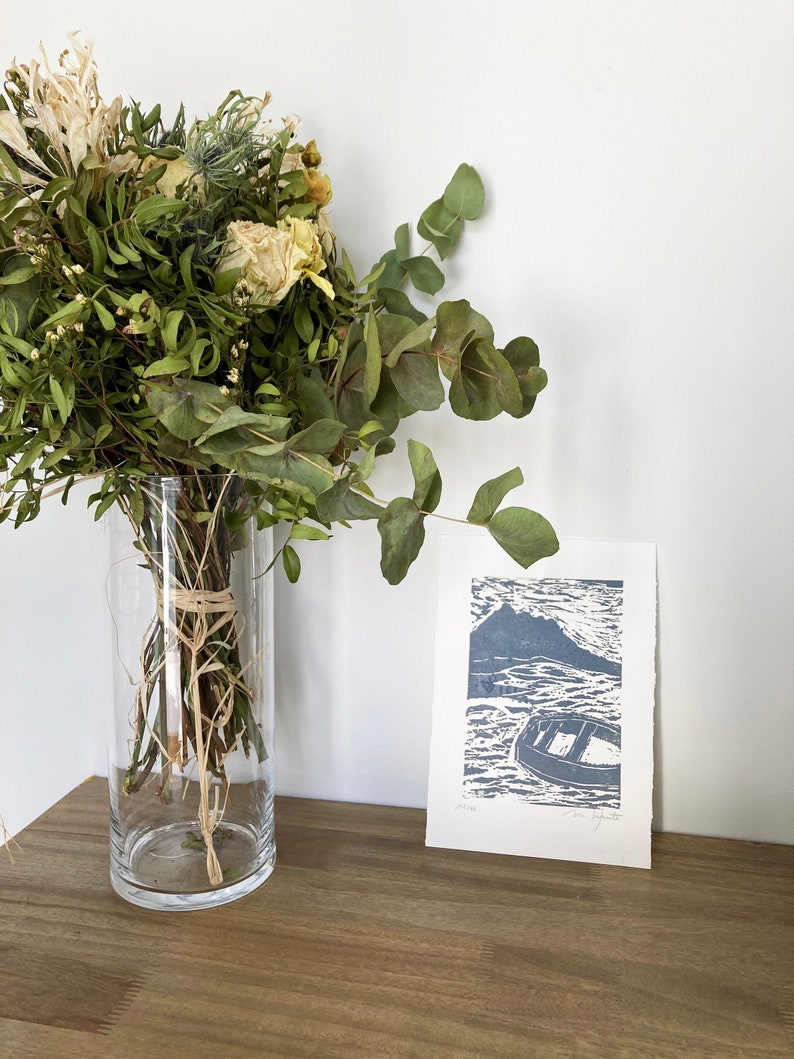 Small lino print art, Original lino print, landscape art, Ocean art, Ocean home decor, Modern wall decor image 1