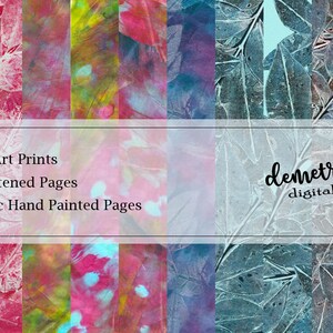May include: A digital download of 10 hand-painted and patterned pages. The pages feature a leaf design in shades of blue, green, pink, and red. The text "Gelli Art Prints", "10 Patterned Pages", and "Acrylic Hand Painted Pages" is visible. The text "demetria digital ART" is also visible.