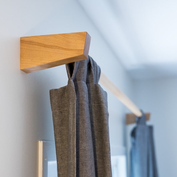 Minimalist Wooden Curtain Rod and Supports with Invisible Hardware