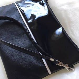 Black Patent Matte and Glossy Faux Leather Wristlet Clutch Bag