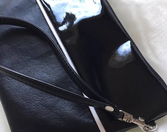 Black Patent Matte and Glossy Faux Leather Wristlet Clutch Bag