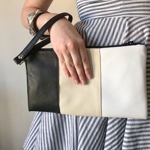 Colour Block Black Ivory White Faux Leather Hand Strap Wristlet Clutch Bag