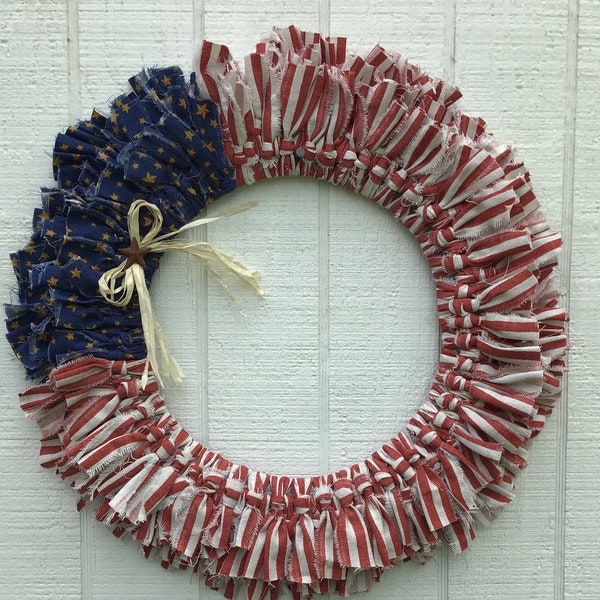 Patriotic Rag Wreath, Vintage Americana Decor, Everyday Wreath,Spring Decor, Wall Hanging, Front Door Decor, Storm Door,Creations By Gwili