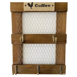 Coffee Mug Holder, Rustic Wall Mounted, Farmhouse Coffee Bar, Mug Organizer with 5 Hooks (Walnut, 16’’ x 12’’)