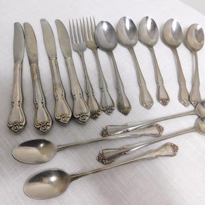 May include: A collection of silver-toned flatware including four dinner knives, two forks, and seven spoons of varying sizes. Each piece features a decorative floral motif at the base of the handle, with a polished finish and classic, ornate detailing.