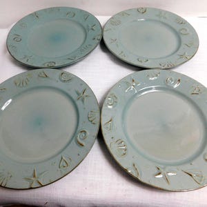 C8 - Thomson Pottery Cape Cod Rustic Blue Dinner Plates Lot of 4