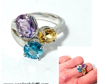925 silver ring for women band with semi-precious natural stones topaz amethyst quartz citrine handmade handmade jewelry