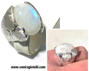 Women's 925 Silver Ring with Natural Wide Band Moon Stone with Handmade Hearts Handmade Boho White Jewelry Maxi Rings