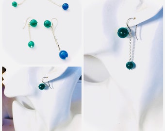 925 silver women's long pendant earrings with blue and green ball agate semi-precious stones with colorful handmade handmade chain