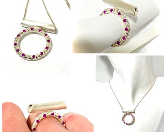 Women's 925 silver wedding ring and pendant with pink sapphire stone circle handmade elegant handmade jewelry