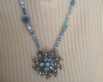 Vintage Assemblage Necklace, Blue Vintage Rhinestone Broach, Upcycled, Romantic
