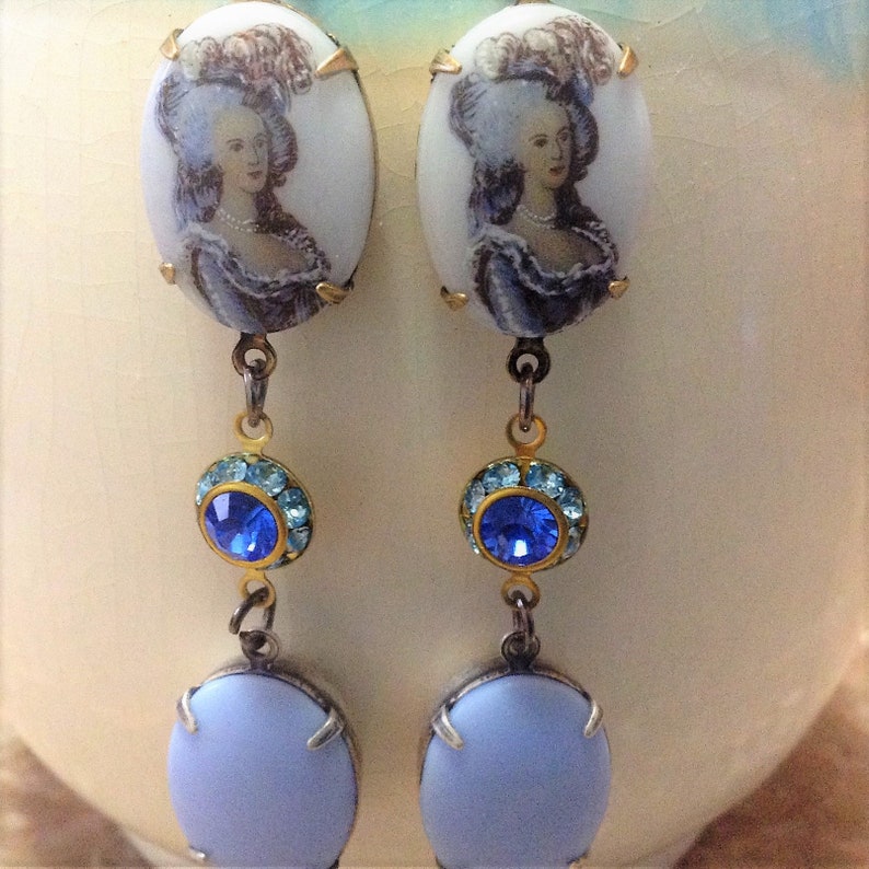 Marie Antoinette Dangle Earrings with Aquamarine and Sapphire Swarvoski round drops and Beautiful Blue Drops