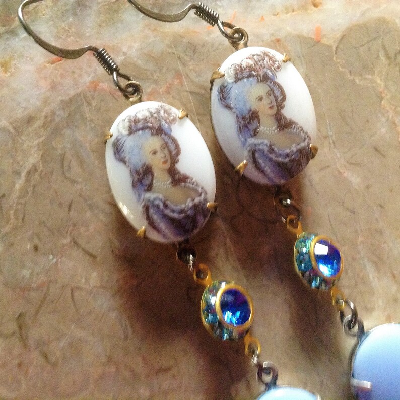 Marie Antoinette Dangle Earrings with Aquamarine and Sapphire Swarvoski round drops and Beautiful Blue Drops