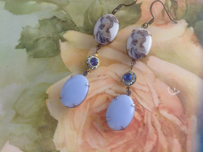 Marie Antoinette Dangle Earrings with Aquamarine and Sapphire Swarvoski round drops and Beautiful Blue Drops