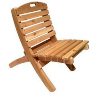 May include: A wooden folding chair with a slatted back and seat. The chair is made of natural wood and has a simple, rustic design.