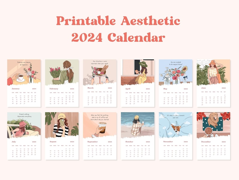 Printable Aesthetic 2024 Calendar, Printable 2024 Calendar, Art