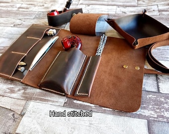 Estuche para pipa hecho a mano, estuche enrollable personalizado para pipa, juego de bolsa, soporte y bandeja organizadora, cuero envejecido, cosido a mano.