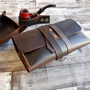 Leather Pipe Roll, Set of bag / stand / tobacco tray, Personalized Pipe Pouch, Hand stitched Pipe Bag