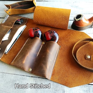 Pipe Bag for 2 Pipes, Set of pipe bag/pipe stand/valet tray, Personalized Leather Pipe Pouch Hand stitched