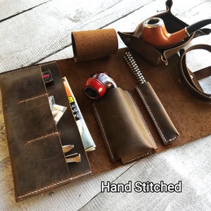 Leather Pipe Roll, Set of pipe bag / pipe stand / valet tray, Personalized Roll Pipe Case, Pipe Pouch, Tobacco Pouch, Hand stitched